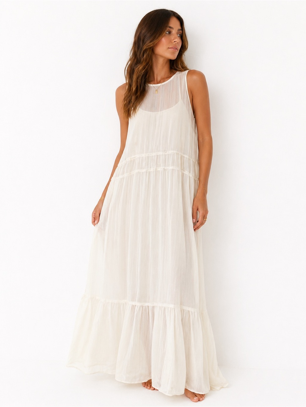 Ivory Boho Tiered Maxi Dress Flowy Minimal Coquette Cream M NWT